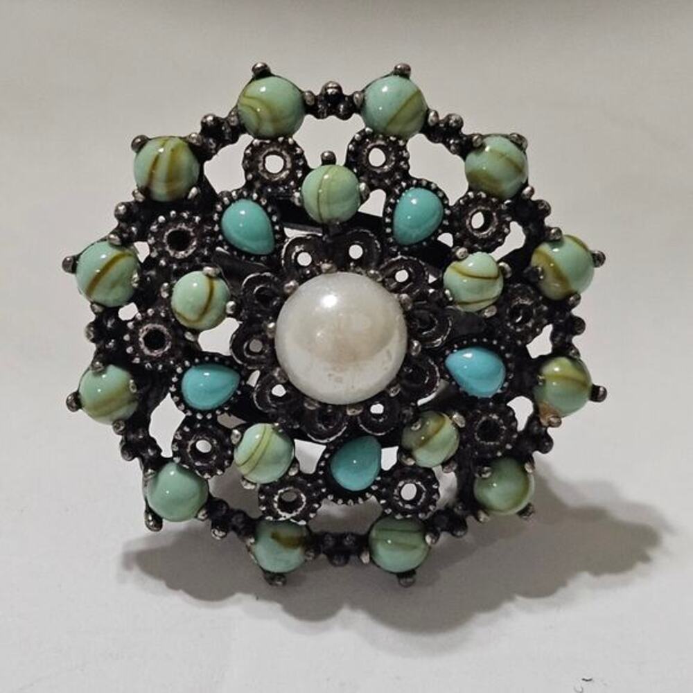Lucky Brand‎ Silver Tone Faux Pearl Turquoise Mandala Adjustable Cocktail Ring